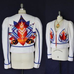 Hand Made Pendleton LOTUS flower applique wool blanket jacket Aztec embroidered